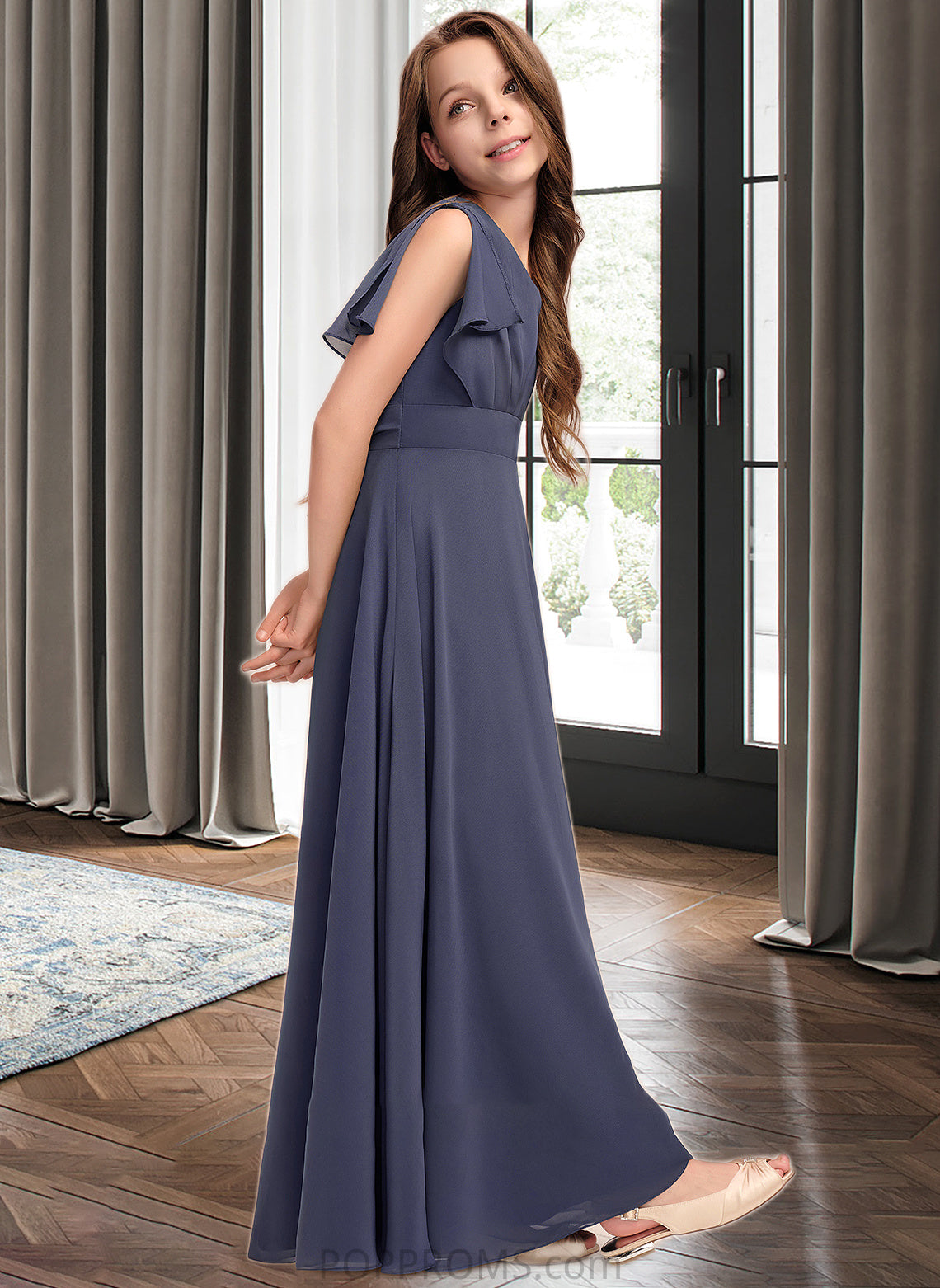 Ashtyn A-Line V-neck Floor-Length Chiffon Junior Bridesmaid Dress With Ruffle Bow(s) PP6P0013369