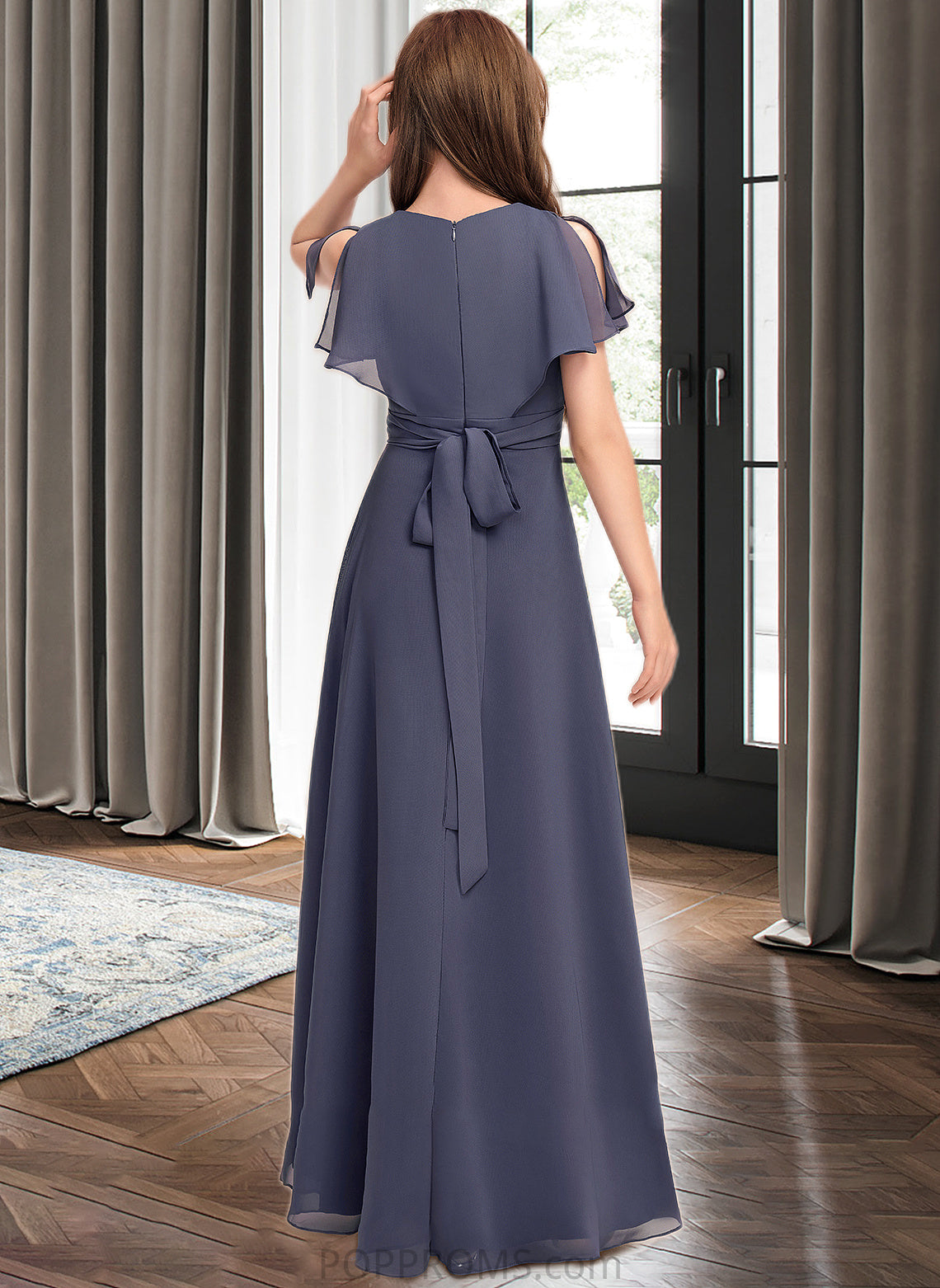 Ashtyn A-Line V-neck Floor-Length Chiffon Junior Bridesmaid Dress With Ruffle Bow(s) PP6P0013369