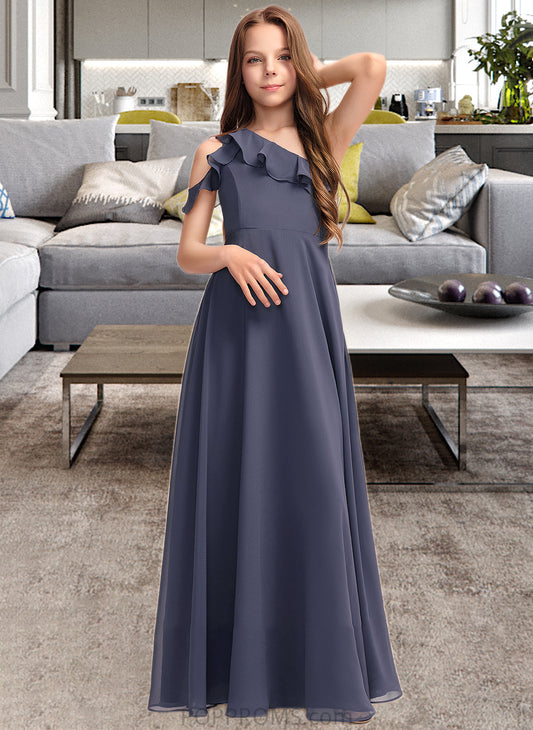 Rosie A-Line One-Shoulder Floor-Length Chiffon Junior Bridesmaid Dress With Cascading Ruffles PP6P0013370