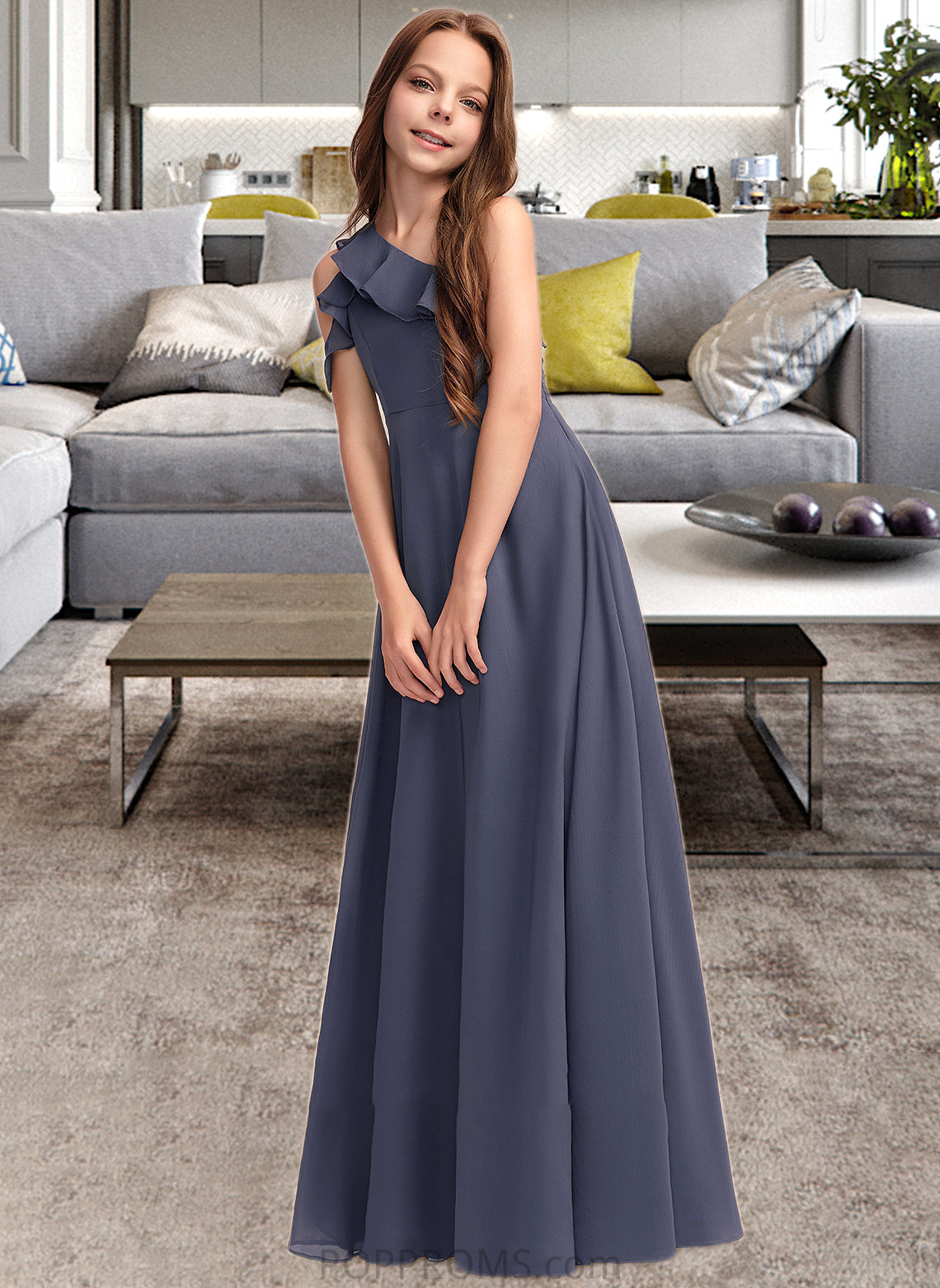 Rosie A-Line One-Shoulder Floor-Length Chiffon Junior Bridesmaid Dress With Cascading Ruffles PP6P0013370