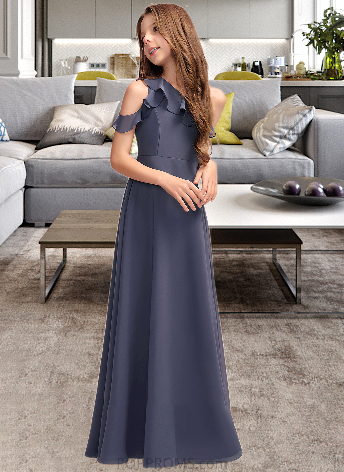 Rosie A-Line One-Shoulder Floor-Length Chiffon Junior Bridesmaid Dress With Cascading Ruffles PP6P0013370