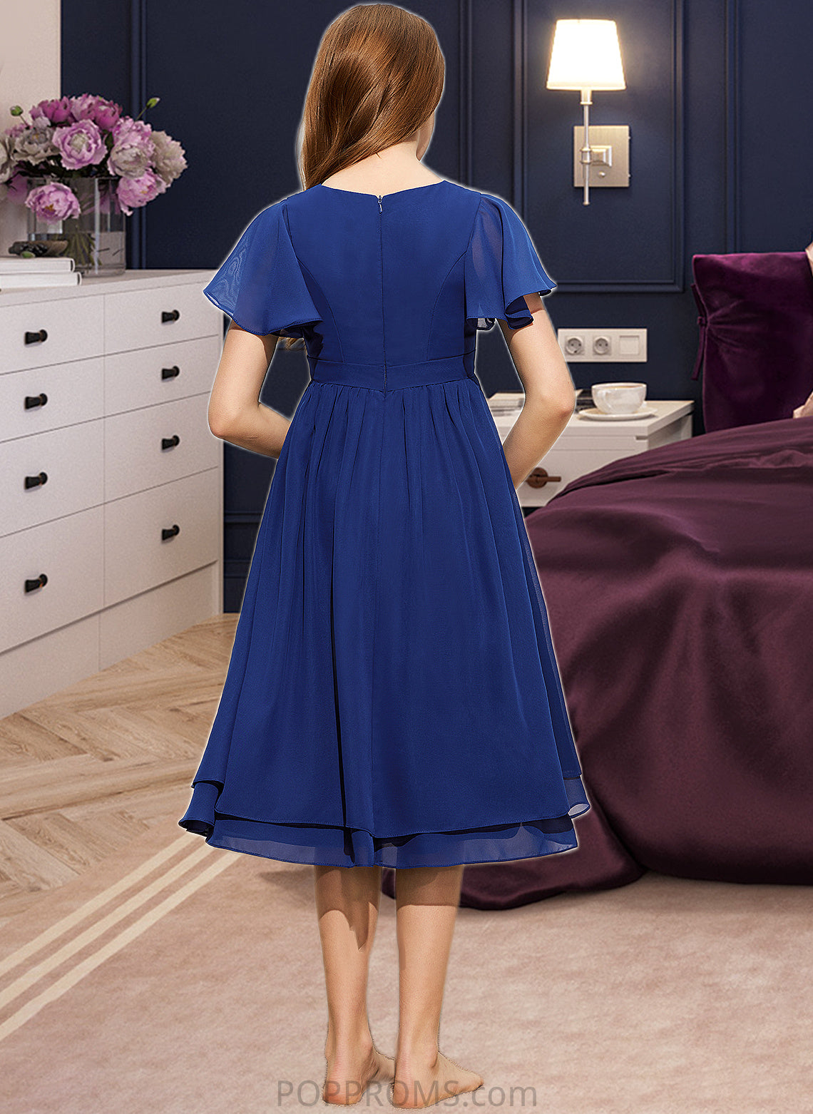 Viola A-Line Scoop Neck Knee-Length Chiffon Junior Bridesmaid Dress With Bow(s) PP6P0013372