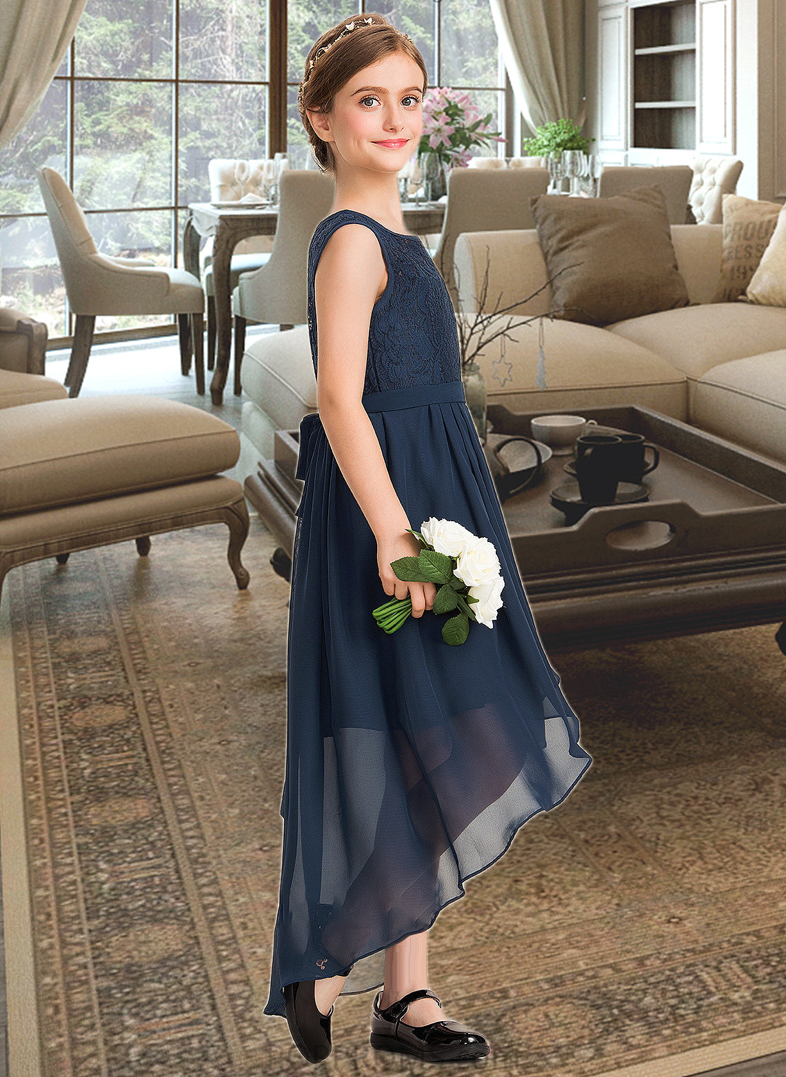 Maya A-Line Scoop Neck Asymmetrical Chiffon Lace Junior Bridesmaid Dress With Bow(s) Cascading Ruffles PP6P0013373