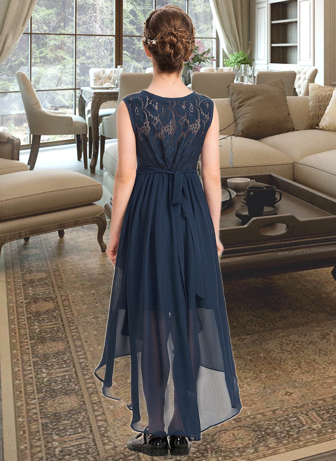 Maya A-Line Scoop Neck Asymmetrical Chiffon Lace Junior Bridesmaid Dress With Bow(s) Cascading Ruffles PP6P0013373