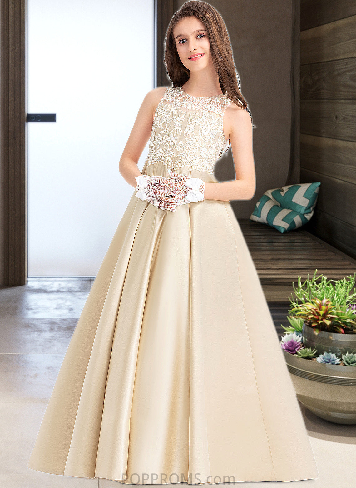 Bailee Ball-Gown/Princess Scoop Neck Floor-Length Satin Lace Junior Bridesmaid Dress PP6P0013374