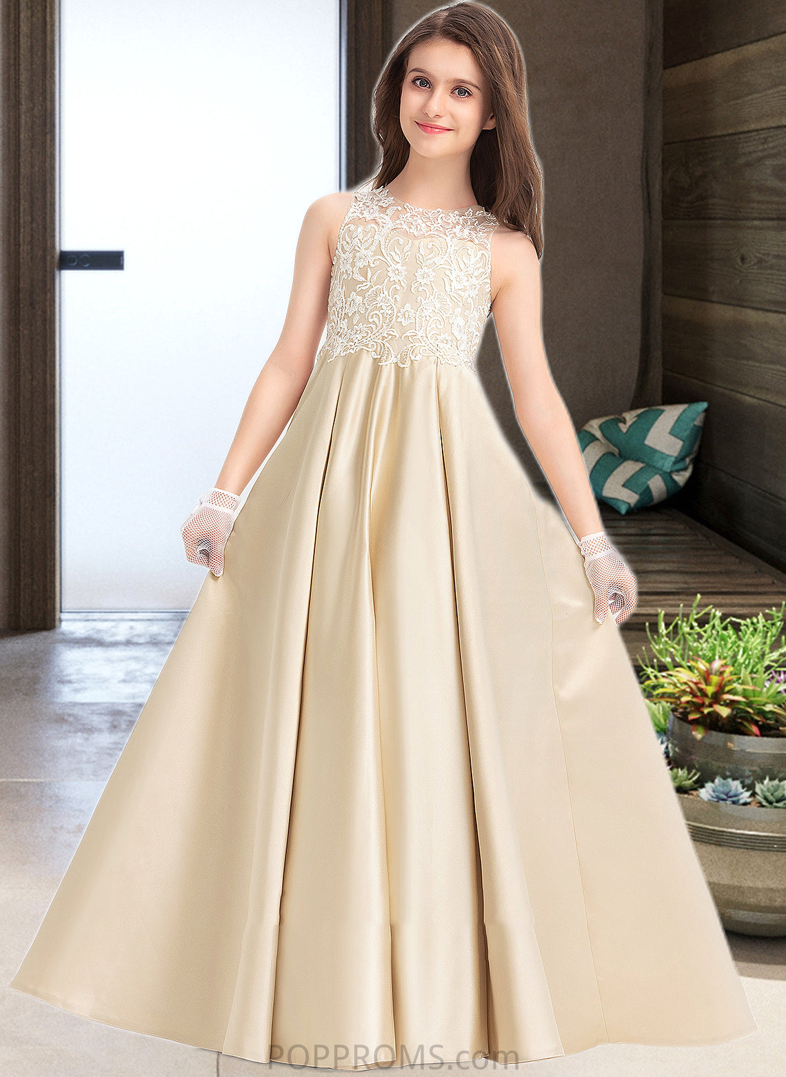 Bailee Ball-Gown/Princess Scoop Neck Floor-Length Satin Lace Junior Bridesmaid Dress PP6P0013374