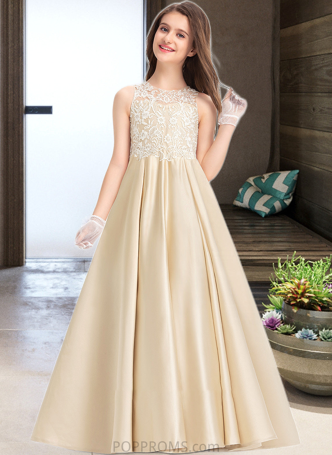 Bailee Ball-Gown/Princess Scoop Neck Floor-Length Satin Lace Junior Bridesmaid Dress PP6P0013374