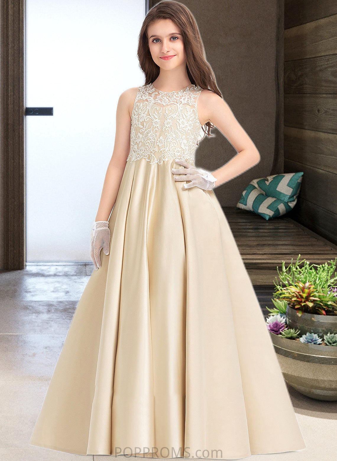 Bailee Ball-Gown/Princess Scoop Neck Floor-Length Satin Lace Junior Bridesmaid Dress PP6P0013374