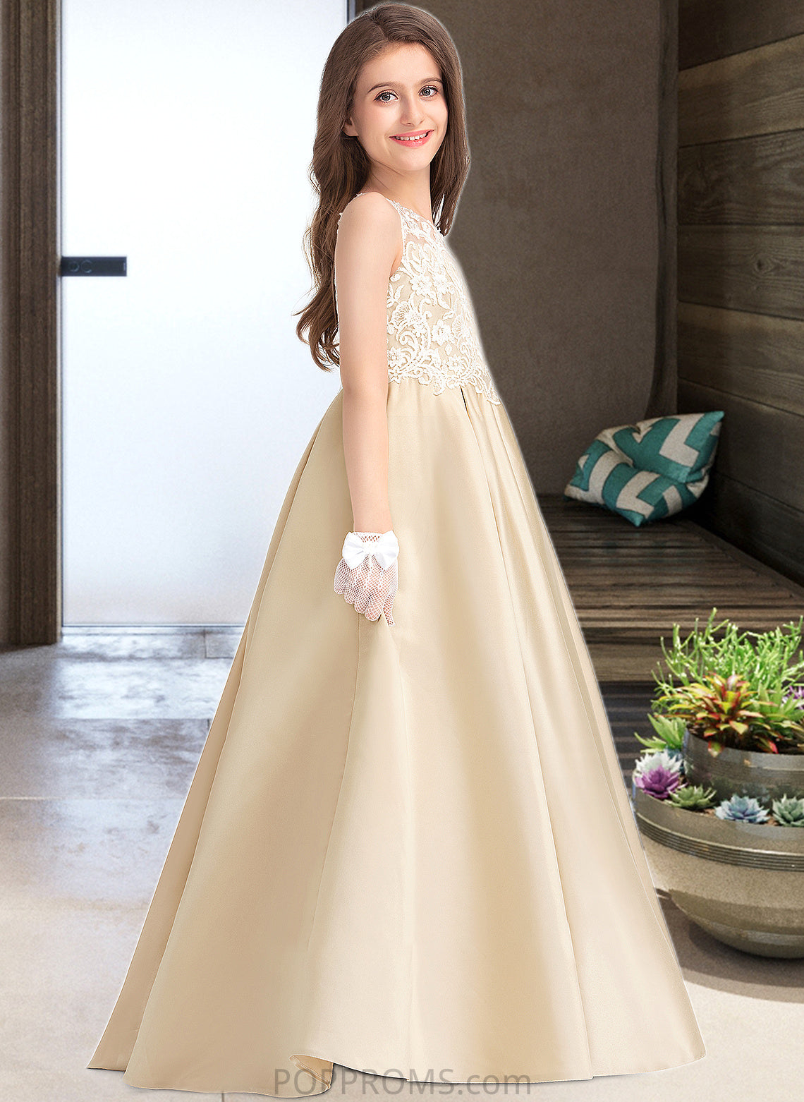 Bailee Ball-Gown/Princess Scoop Neck Floor-Length Satin Lace Junior Bridesmaid Dress PP6P0013374