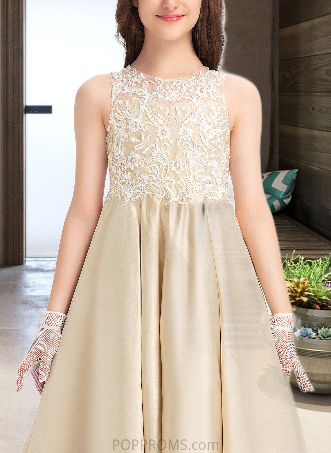 Bailee Ball-Gown/Princess Scoop Neck Floor-Length Satin Lace Junior Bridesmaid Dress PP6P0013374