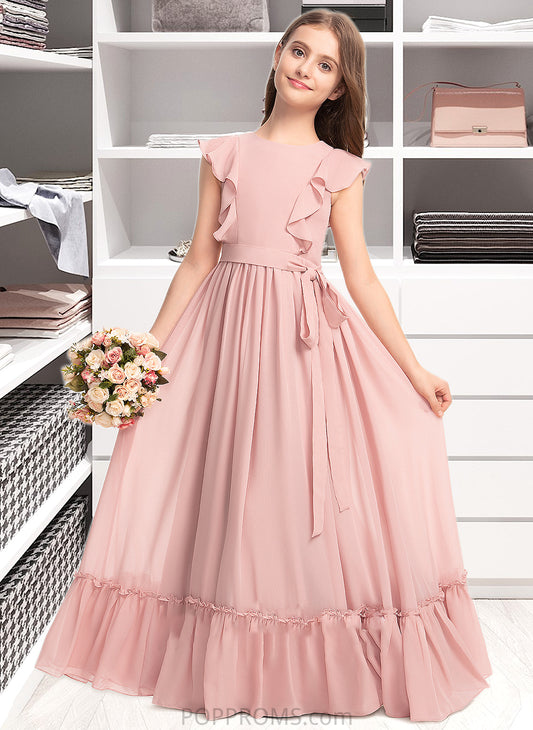 Leilani A-Line Scoop Neck Floor-Length Chiffon Junior Bridesmaid Dress With Bow(s) Cascading Ruffles PP6P0013375