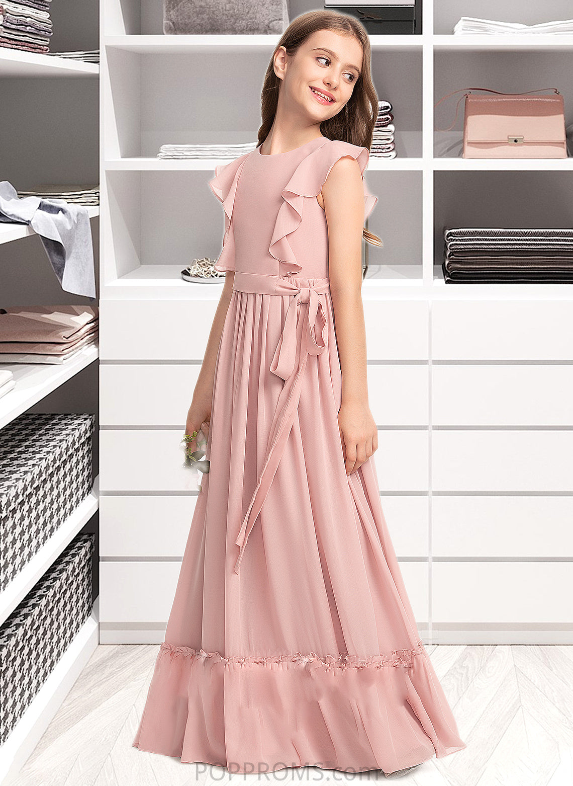 Leilani A-Line Scoop Neck Floor-Length Chiffon Junior Bridesmaid Dress With Bow(s) Cascading Ruffles PP6P0013375