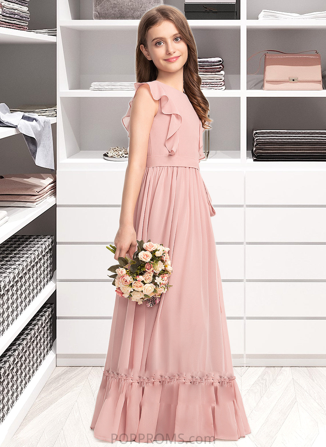 Leilani A-Line Scoop Neck Floor-Length Chiffon Junior Bridesmaid Dress With Bow(s) Cascading Ruffles PP6P0013375