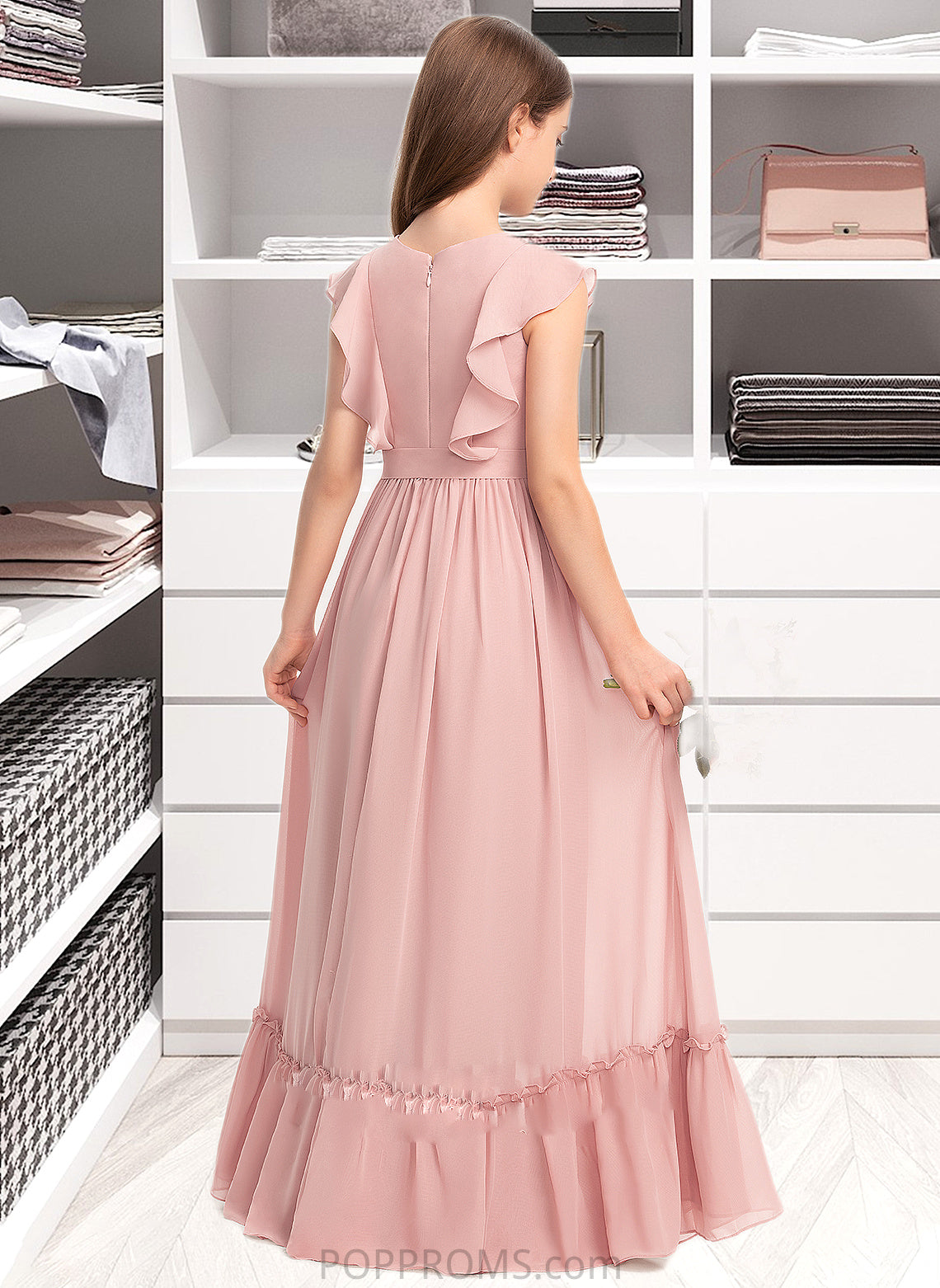 Leilani A-Line Scoop Neck Floor-Length Chiffon Junior Bridesmaid Dress With Bow(s) Cascading Ruffles PP6P0013375