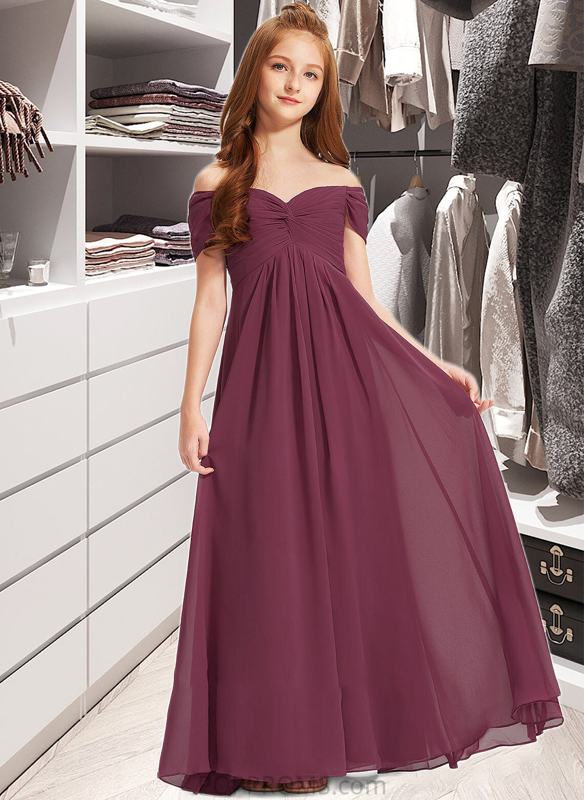 Alula A-Line Off-the-Shoulder Floor-Length Chiffon Junior Bridesmaid Dress With Ruffle PP6P0013376