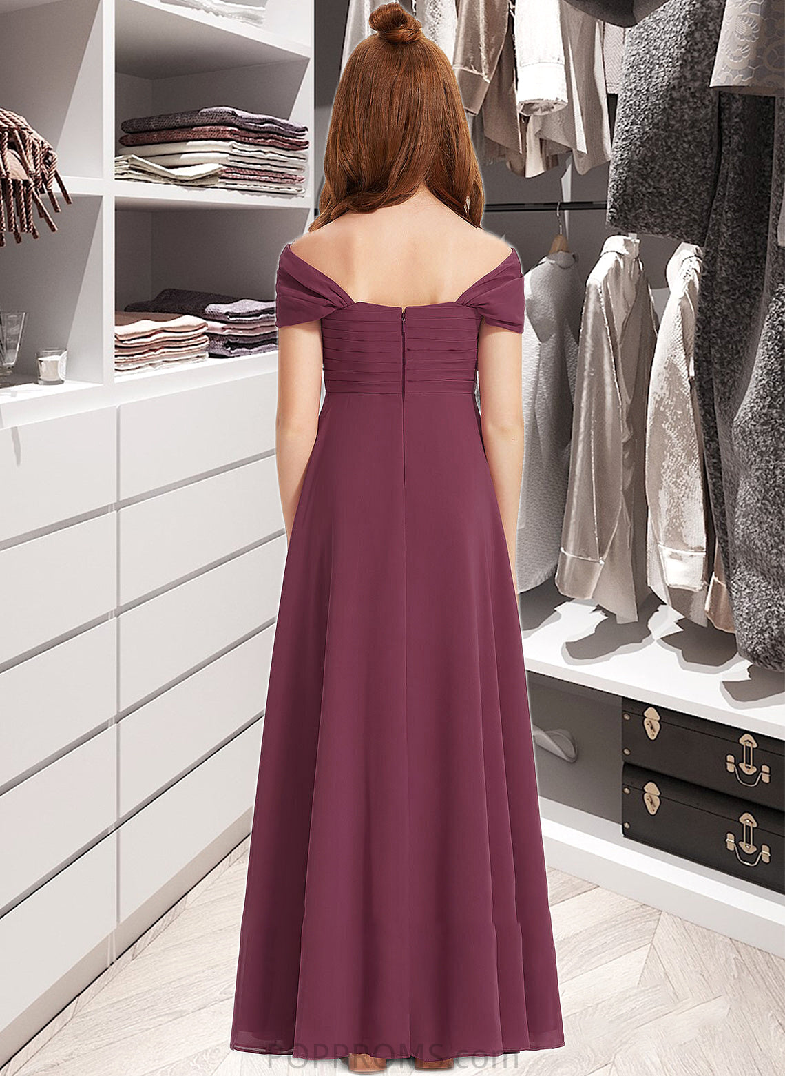 Alula A-Line Off-the-Shoulder Floor-Length Chiffon Junior Bridesmaid Dress With Ruffle PP6P0013376