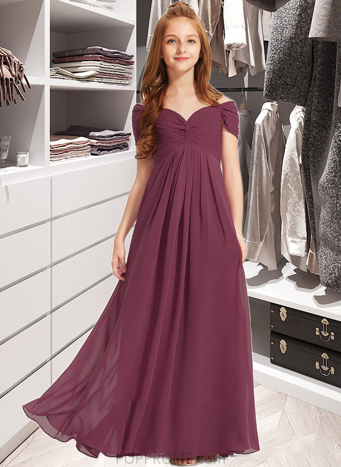 Alula A-Line Off-the-Shoulder Floor-Length Chiffon Junior Bridesmaid Dress With Ruffle PP6P0013376