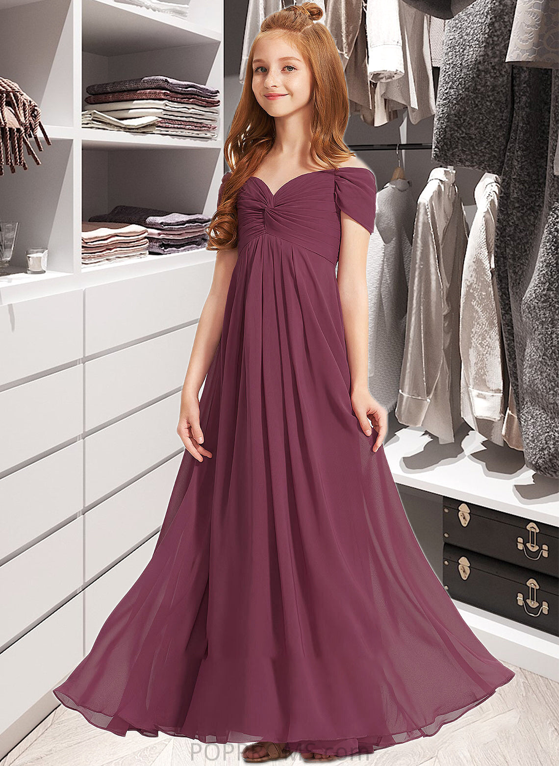 Alula A-Line Off-the-Shoulder Floor-Length Chiffon Junior Bridesmaid Dress With Ruffle PP6P0013376