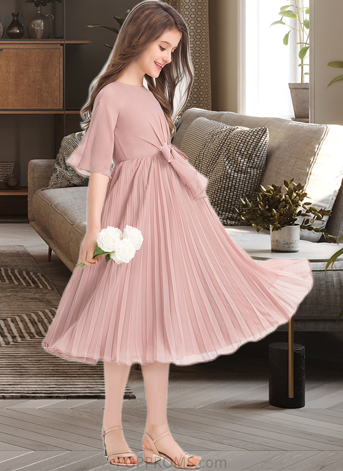 Sahna A-Line Scoop Neck Knee-Length Chiffon Junior Bridesmaid Dress With Bow(s) Pleated PP6P0013377