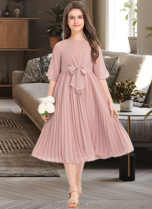 Sahna A-Line Scoop Neck Knee-Length Chiffon Junior Bridesmaid Dress With Bow(s) Pleated PP6P0013377