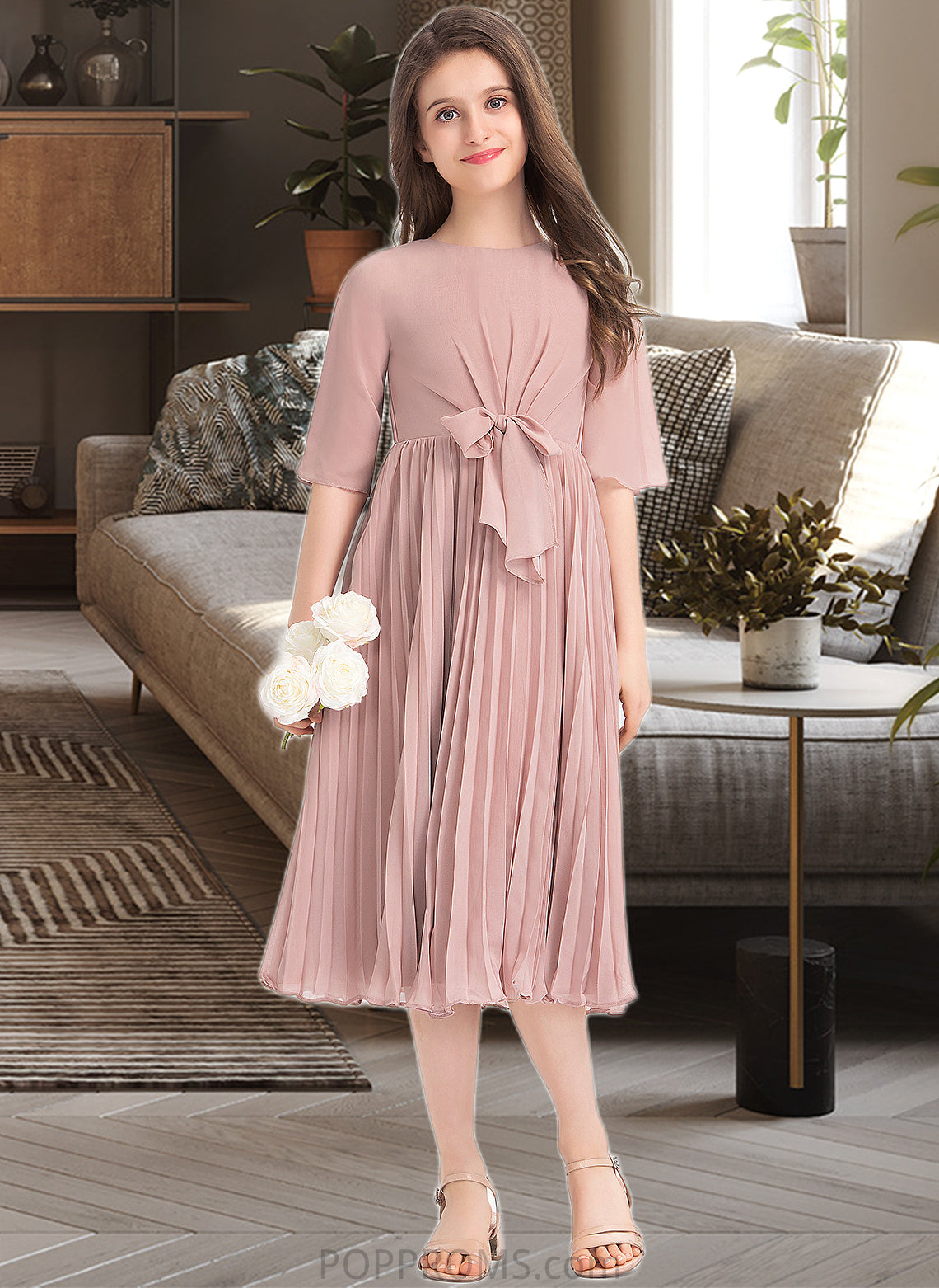 Sahna A-Line Scoop Neck Knee-Length Chiffon Junior Bridesmaid Dress With Bow(s) Pleated PP6P0013377