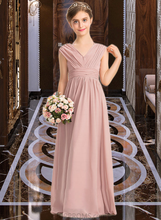 Londyn A-Line V-neck Floor-Length Chiffon Junior Bridesmaid Dress With Ruffle Bow(s) PP6P0013378