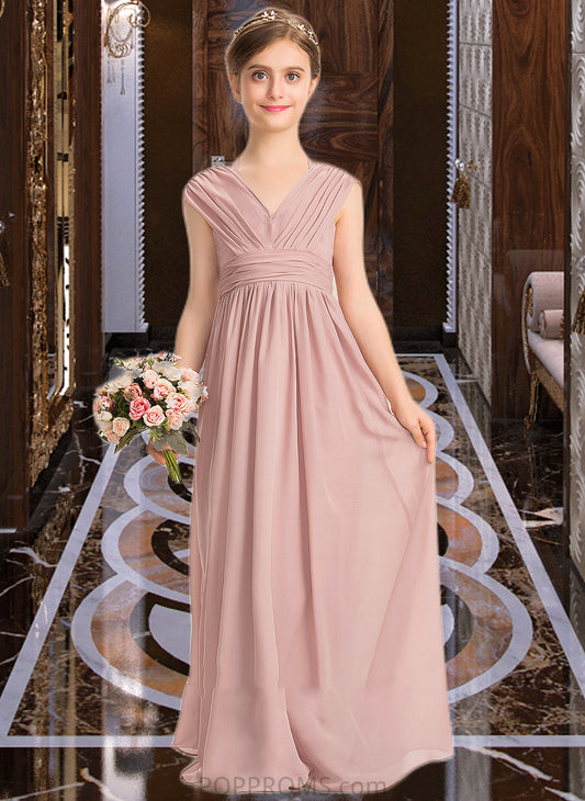 Londyn A-Line V-neck Floor-Length Chiffon Junior Bridesmaid Dress With Ruffle Bow(s) PP6P0013378