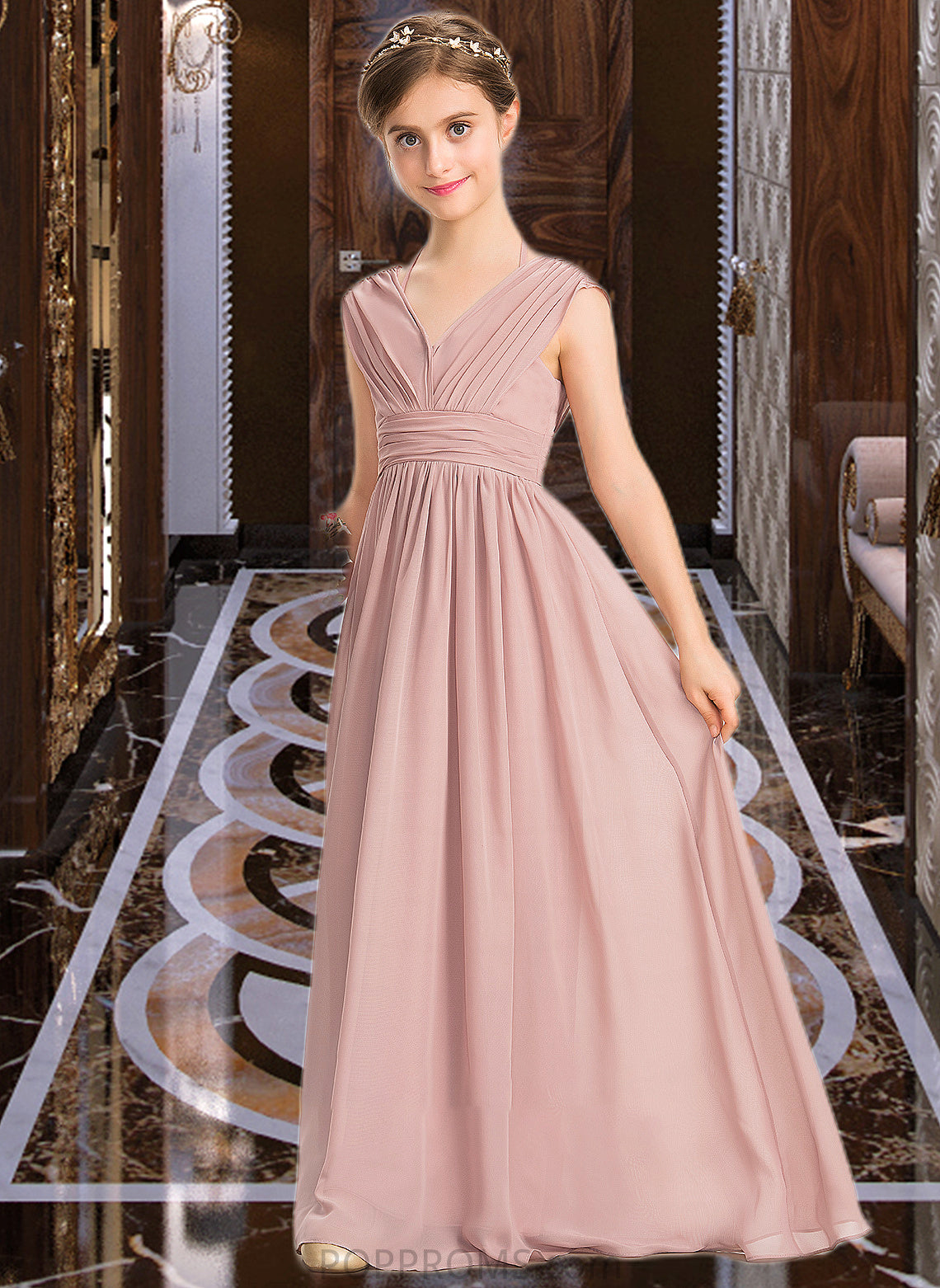 Londyn A-Line V-neck Floor-Length Chiffon Junior Bridesmaid Dress With Ruffle Bow(s) PP6P0013378