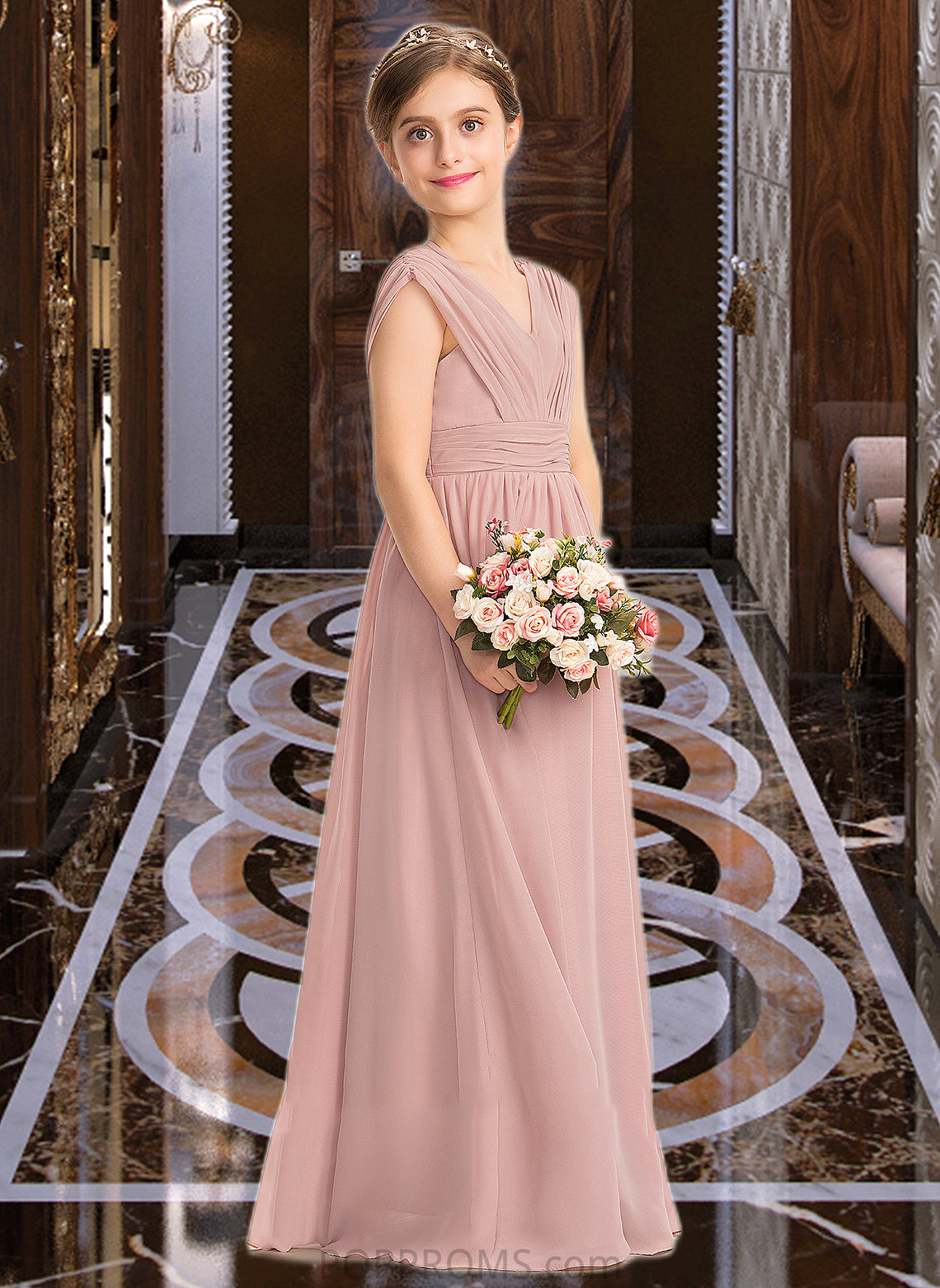 Londyn A-Line V-neck Floor-Length Chiffon Junior Bridesmaid Dress With Ruffle Bow(s) PP6P0013378