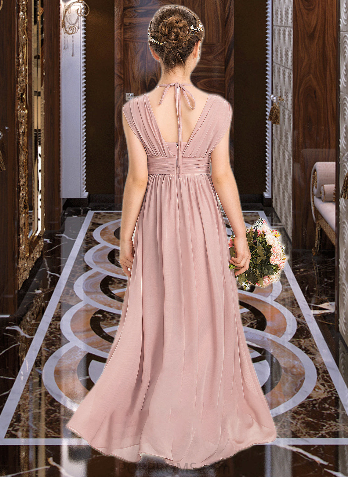 Londyn A-Line V-neck Floor-Length Chiffon Junior Bridesmaid Dress With Ruffle Bow(s) PP6P0013378