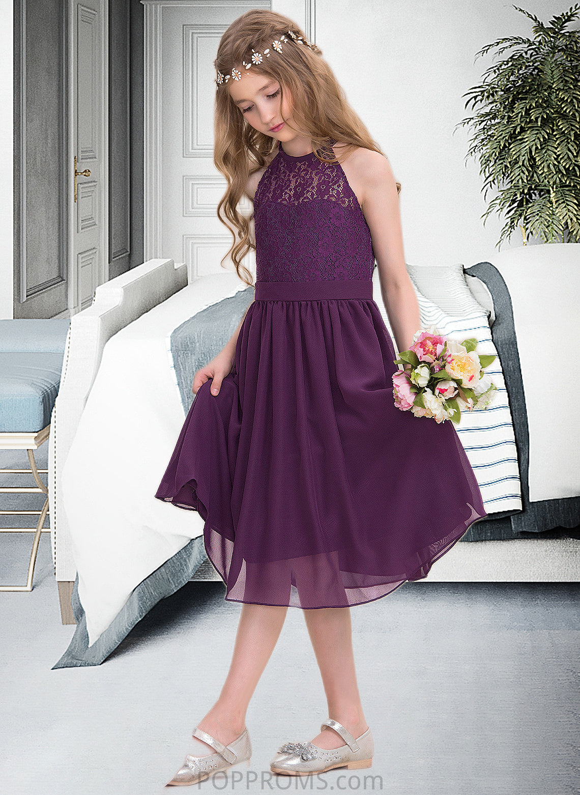 Amari A-Line Scoop Neck Knee-Length Chiffon Junior Bridesmaid Dress PP6P0013379