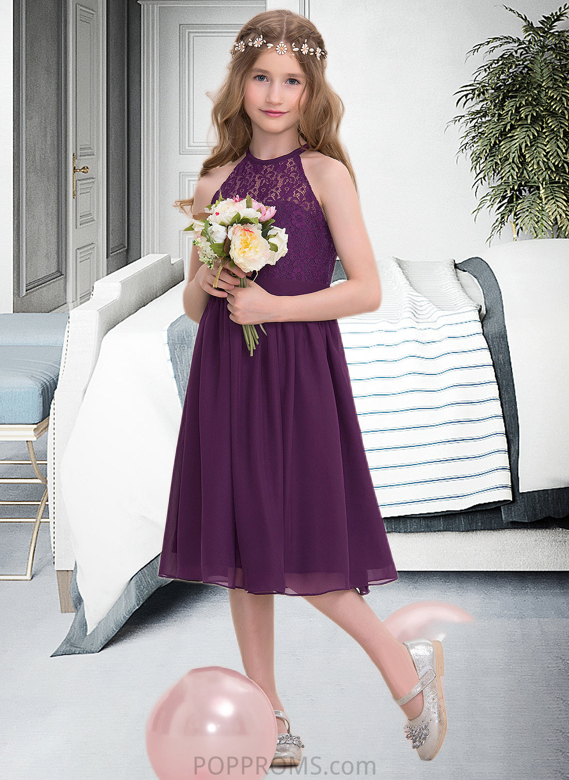 Amari A-Line Scoop Neck Knee-Length Chiffon Junior Bridesmaid Dress PP6P0013379