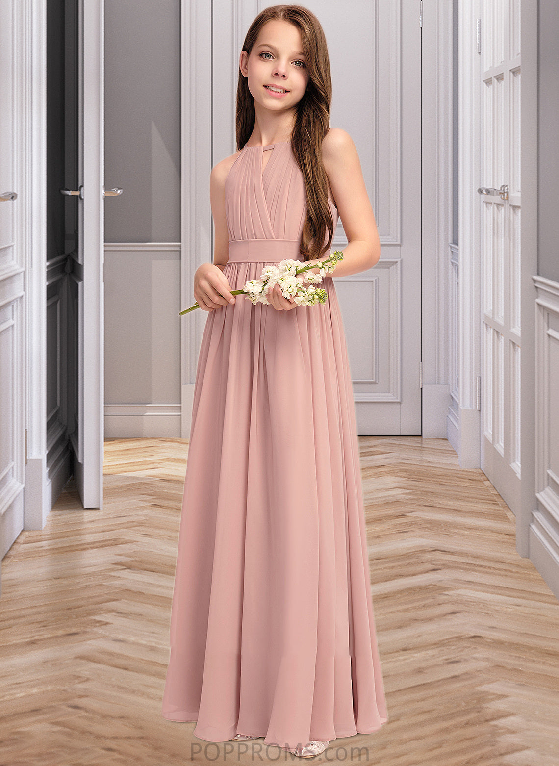 Winnie A-Line Scoop Neck Floor-Length Chiffon Junior Bridesmaid Dress With Ruffle Bow(s) PP6P0013380