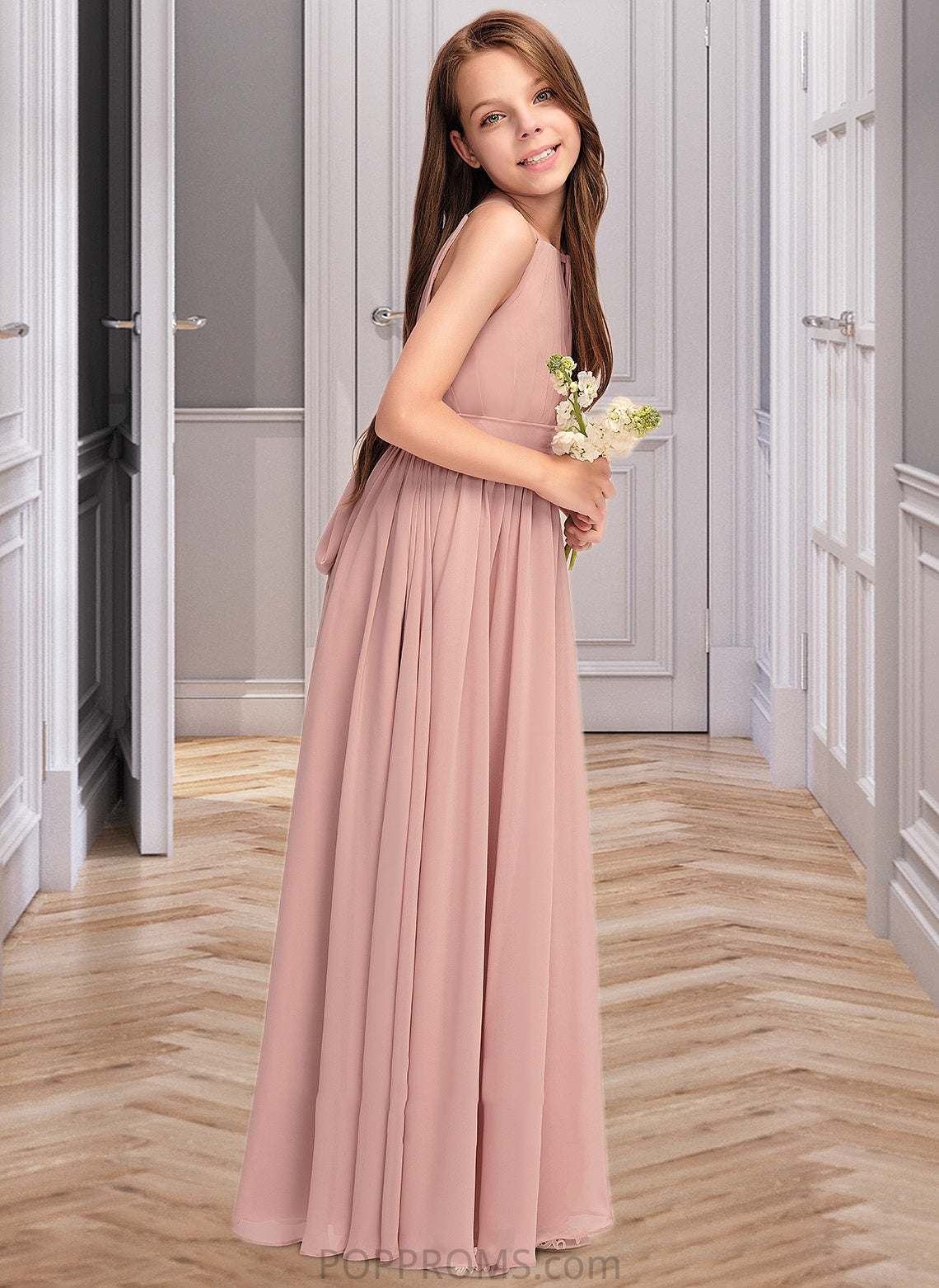 Winnie A-Line Scoop Neck Floor-Length Chiffon Junior Bridesmaid Dress With Ruffle Bow(s) PP6P0013380