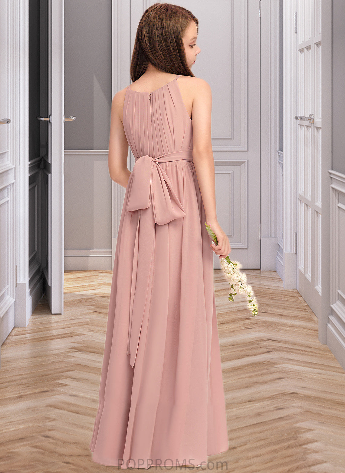 Winnie A-Line Scoop Neck Floor-Length Chiffon Junior Bridesmaid Dress With Ruffle Bow(s) PP6P0013380