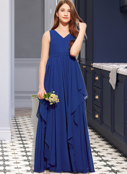 Ada A-Line V-neck Floor-Length Chiffon Junior Bridesmaid Dress With Cascading Ruffles PP6P0013381