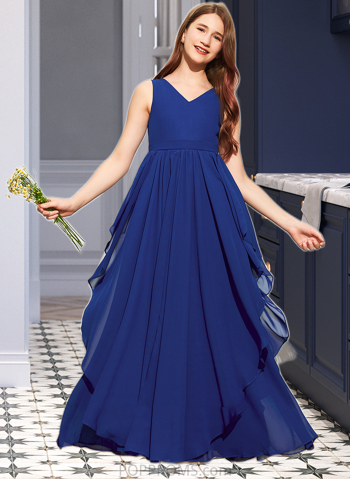 Ada A-Line V-neck Floor-Length Chiffon Junior Bridesmaid Dress With Cascading Ruffles PP6P0013381