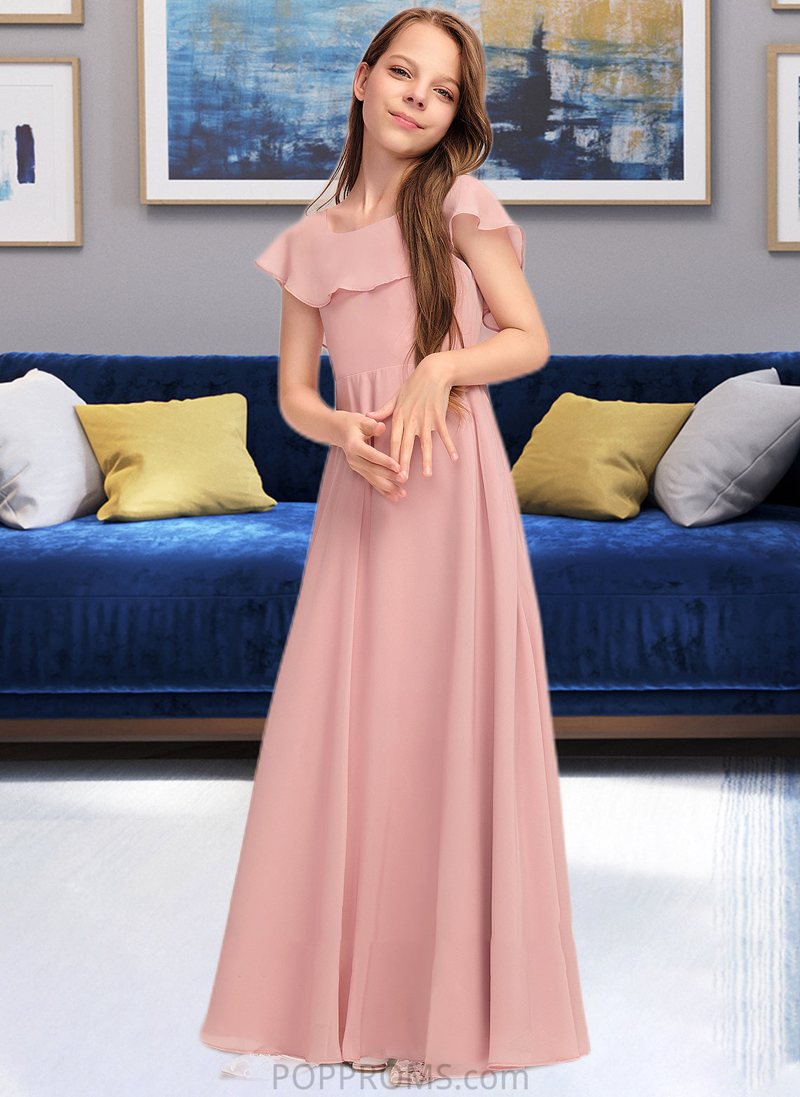 Alia A-Line Scoop Neck Floor-Length Chiffon Junior Bridesmaid Dress With Cascading Ruffles PP6P0013382