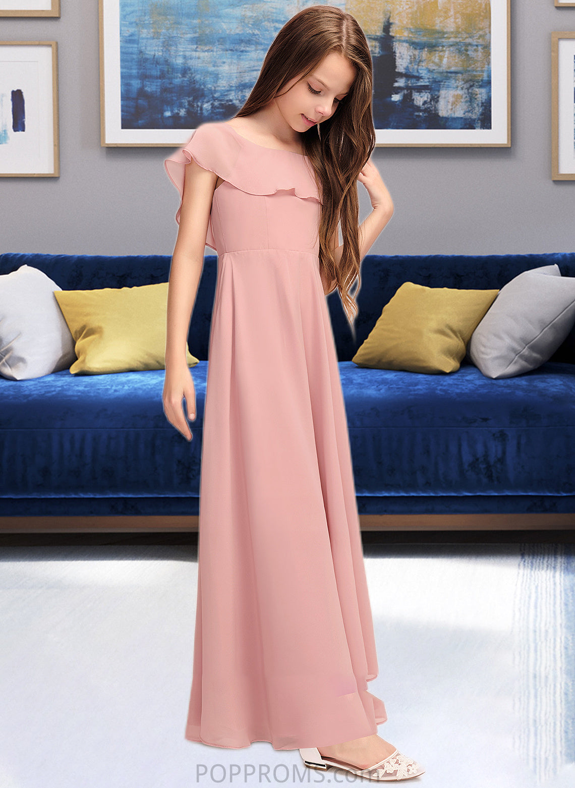 Alia A-Line Scoop Neck Floor-Length Chiffon Junior Bridesmaid Dress With Cascading Ruffles PP6P0013382