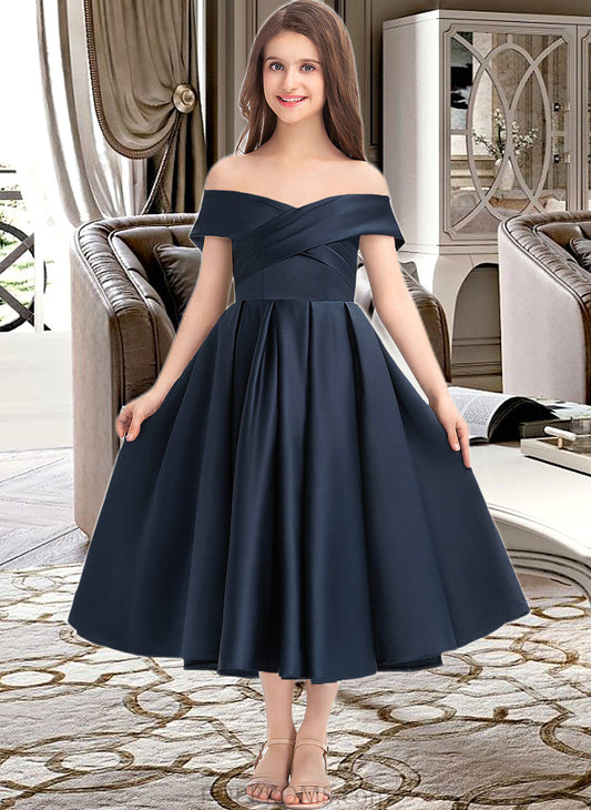 Penny A-Line Off-the-Shoulder Tea-Length Satin Junior Bridesmaid Dress With Ruffle Pockets PP6P0013383