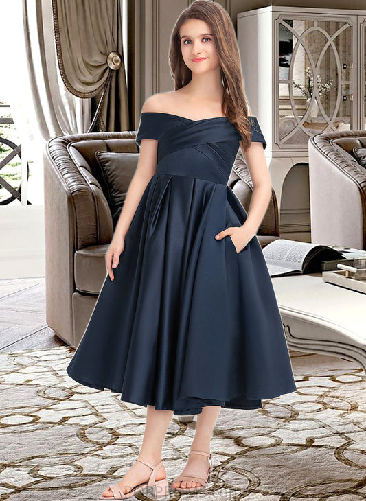 Penny A-Line Off-the-Shoulder Tea-Length Satin Junior Bridesmaid Dress With Ruffle Pockets PP6P0013383