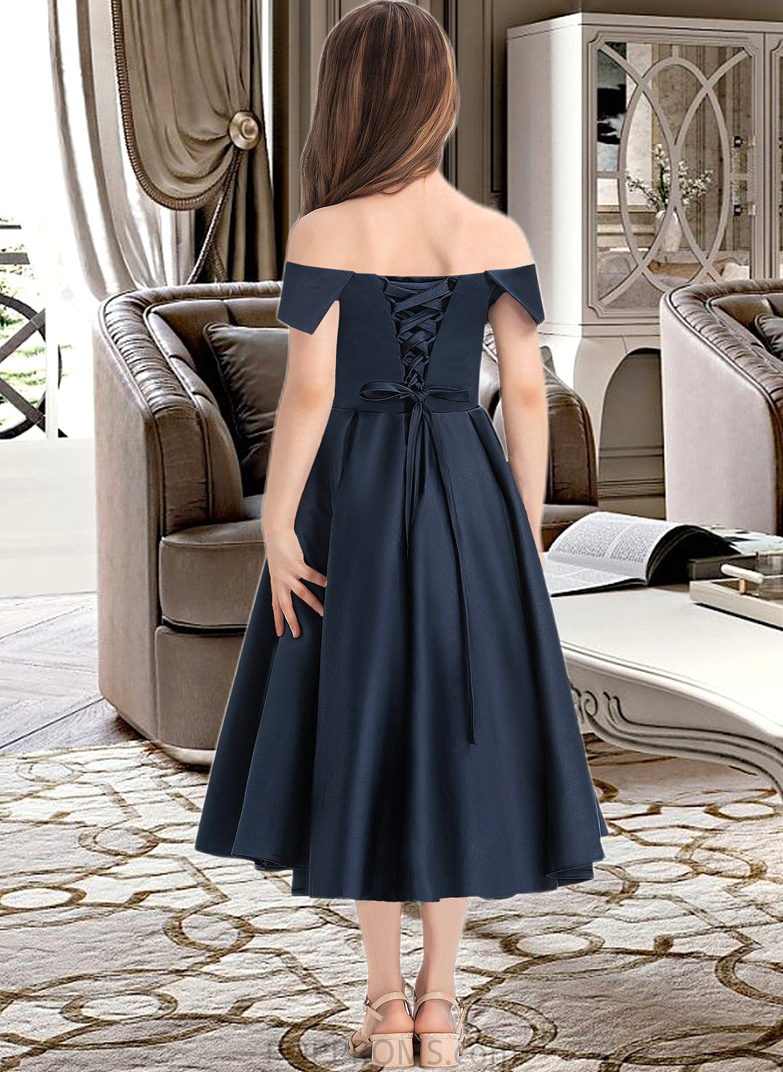 Penny A-Line Off-the-Shoulder Tea-Length Satin Junior Bridesmaid Dress With Ruffle Pockets PP6P0013383