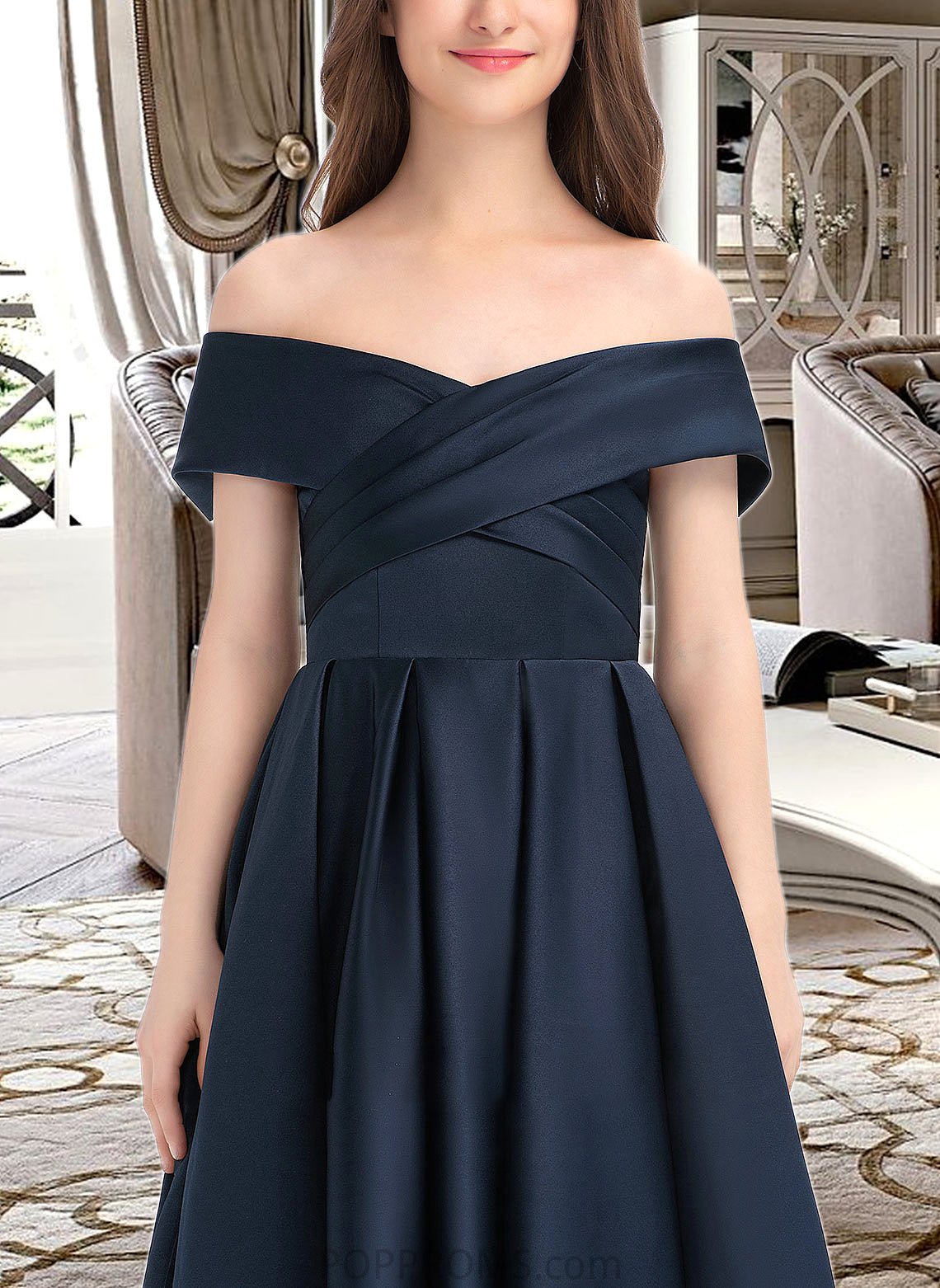 Penny A-Line Off-the-Shoulder Tea-Length Satin Junior Bridesmaid Dress With Ruffle Pockets PP6P0013383