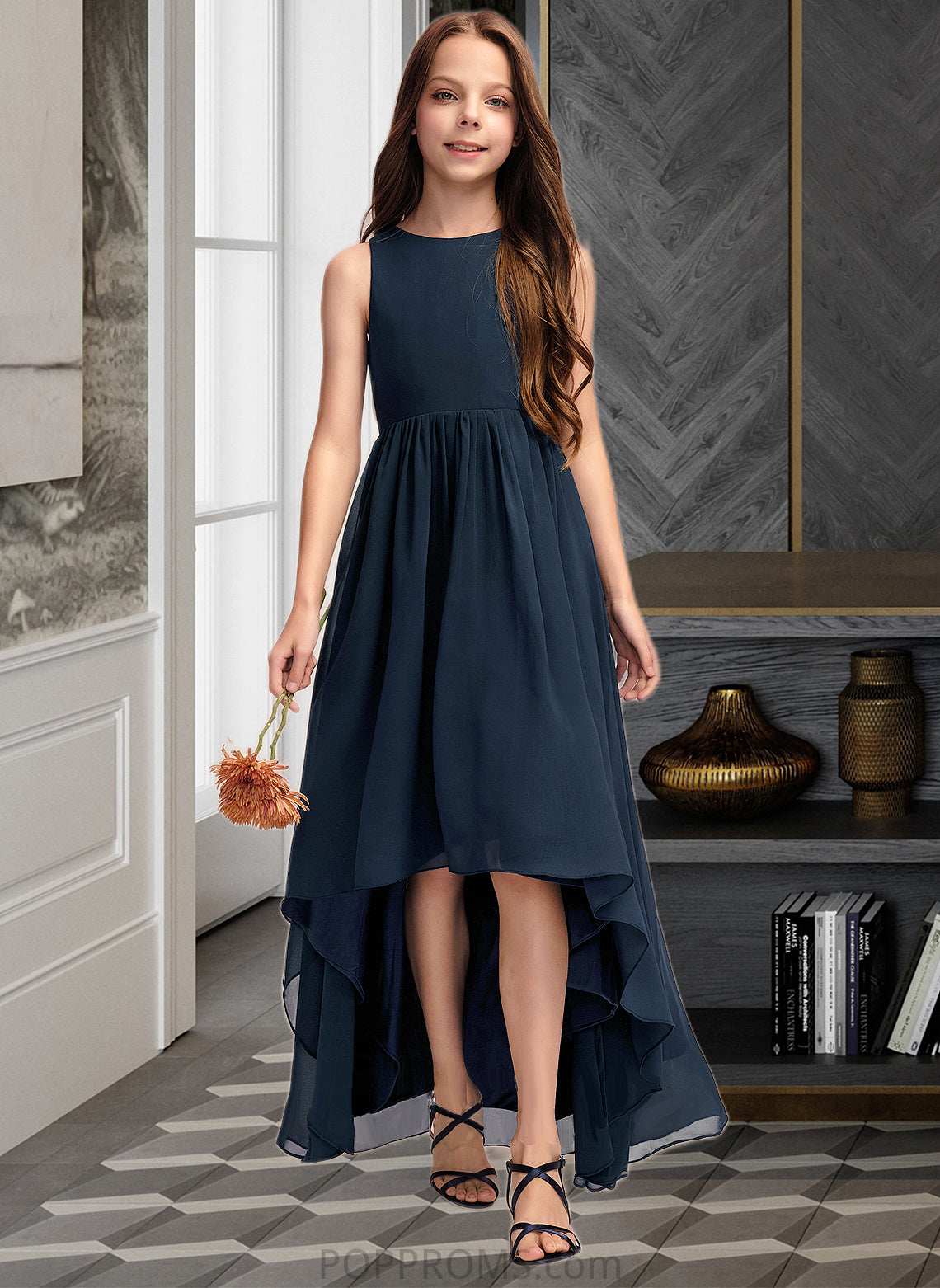 Abril A-Line Scoop Neck Asymmetrical Chiffon Junior Bridesmaid Dress PP6P0013384