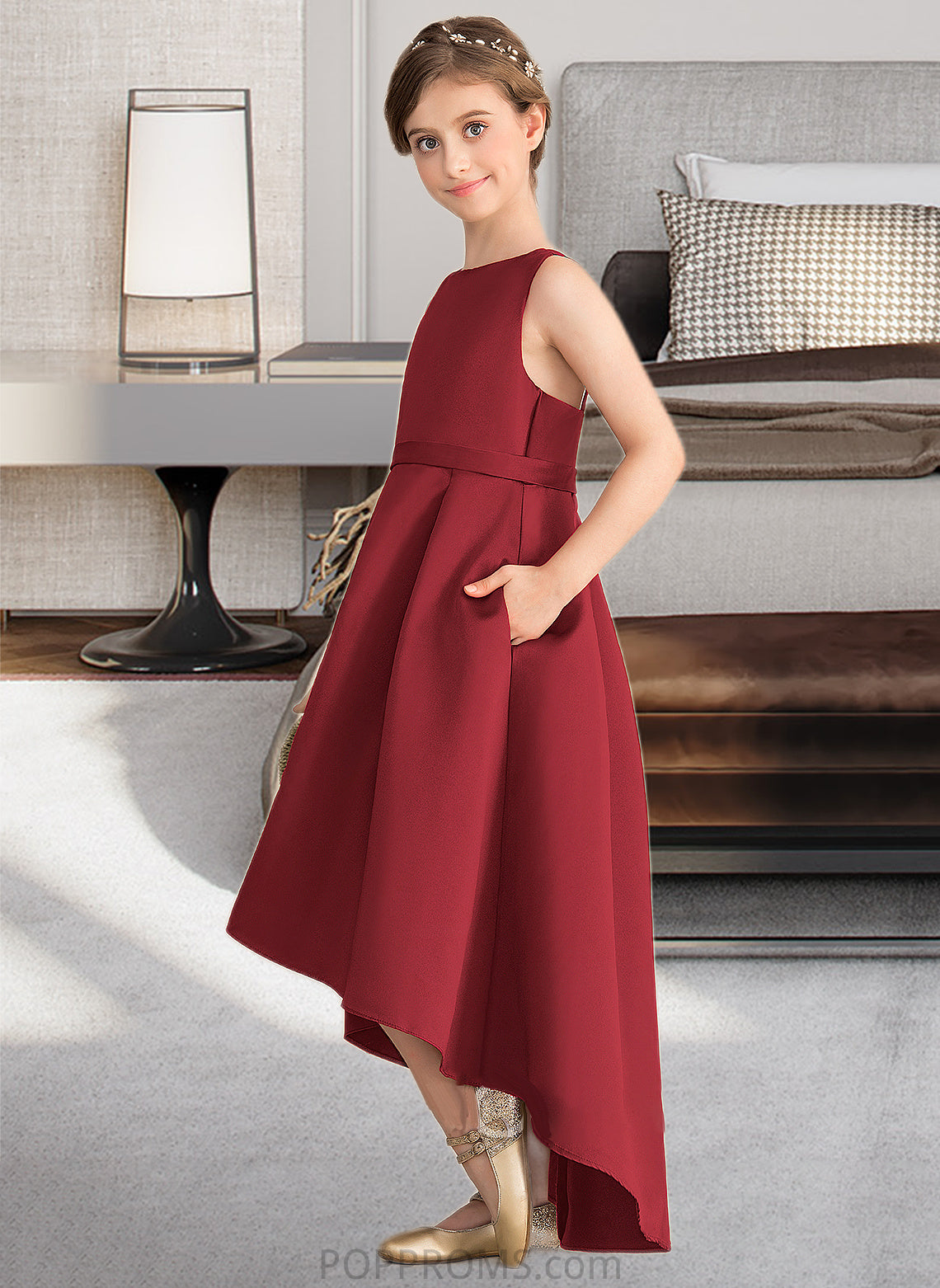 Jaylene A-Line Scoop Neck Asymmetrical Satin Junior Bridesmaid Dress With Ruffle Pockets PP6P0013385