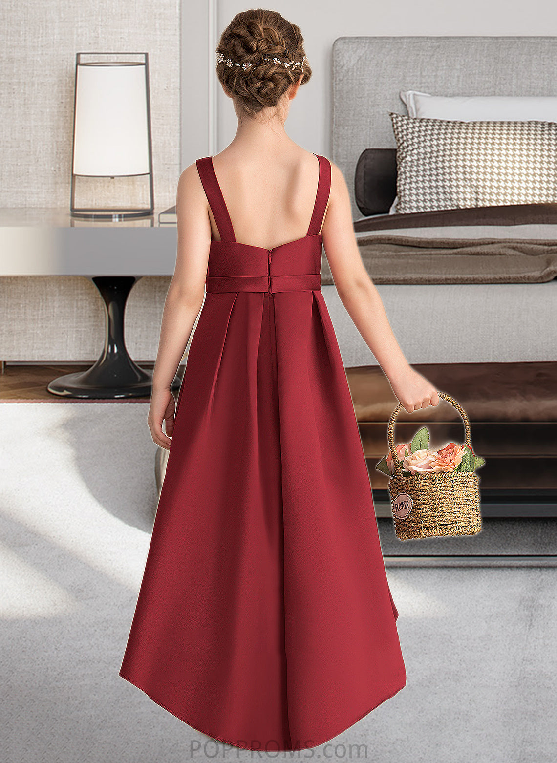 Jaylene A-Line Scoop Neck Asymmetrical Satin Junior Bridesmaid Dress With Ruffle Pockets PP6P0013385