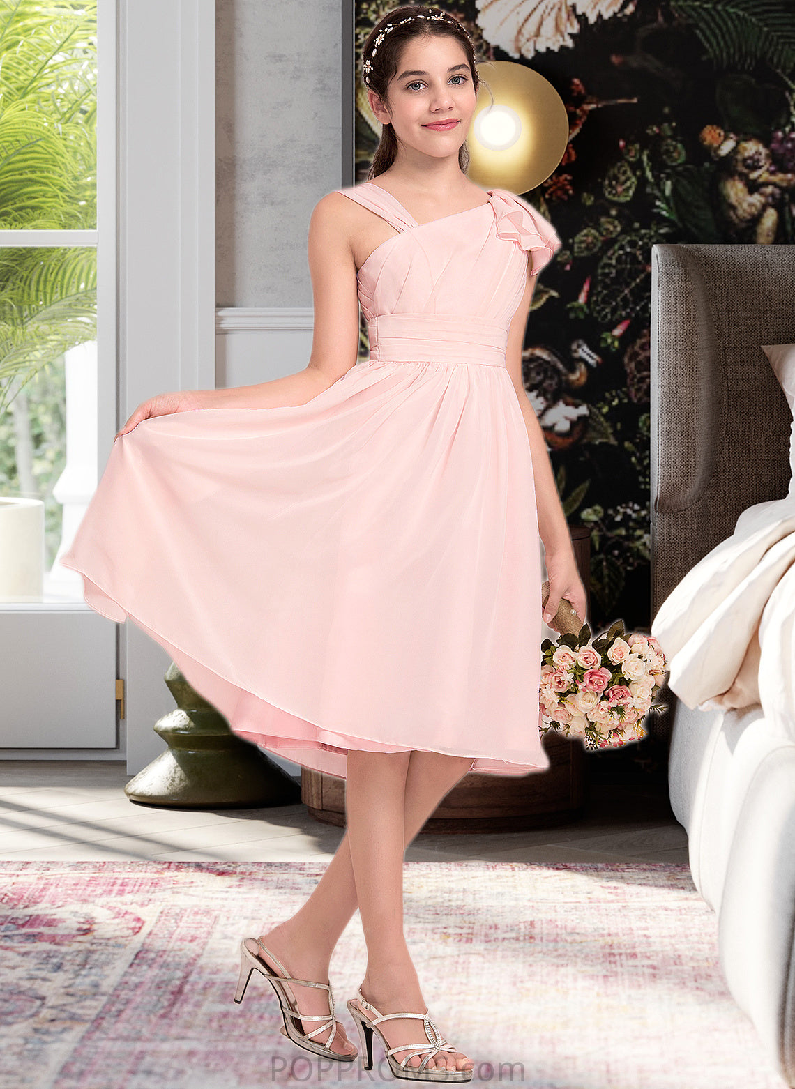 Marie A-Line V-neck Knee-Length Chiffon Junior Bridesmaid Dress With Cascading Ruffles PP6P0013386