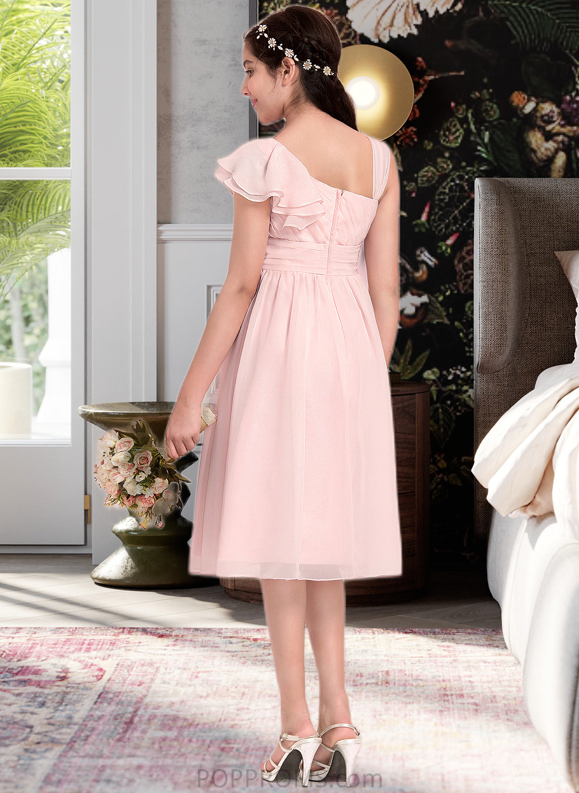 Marie A-Line V-neck Knee-Length Chiffon Junior Bridesmaid Dress With Cascading Ruffles PP6P0013386