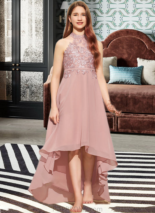 Joan A-Line Scoop Neck Asymmetrical Chiffon Lace Junior Bridesmaid Dress PP6P0013388