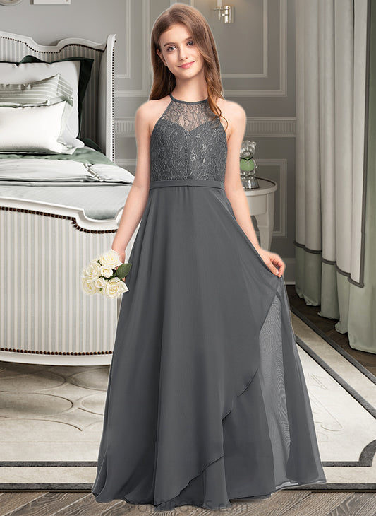 Livia A-Line Scoop Neck Floor-Length Chiffon Lace Junior Bridesmaid Dress With Cascading Ruffles PP6P0013389